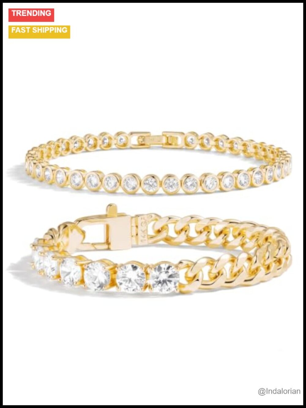14K Gold Filled Bracelet Set Tennis & Cuban Link Stack 6.5 In